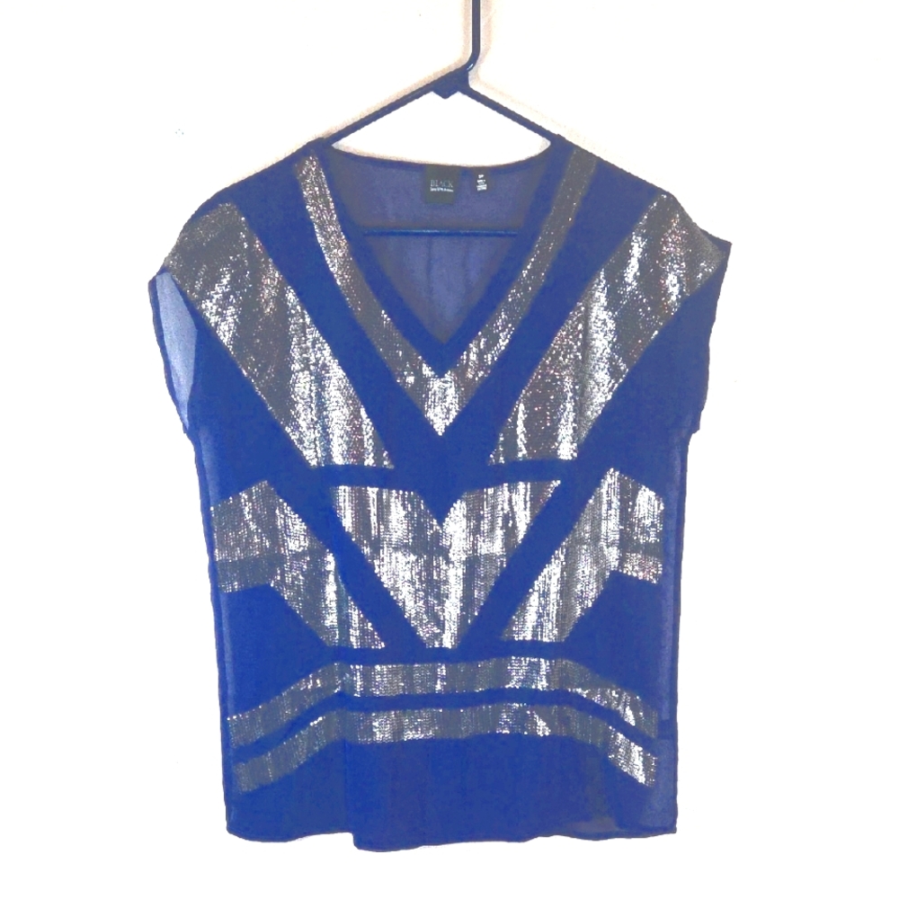 Black Saks Fifth Avenue Blue Blouse with Silver Sequins S/P